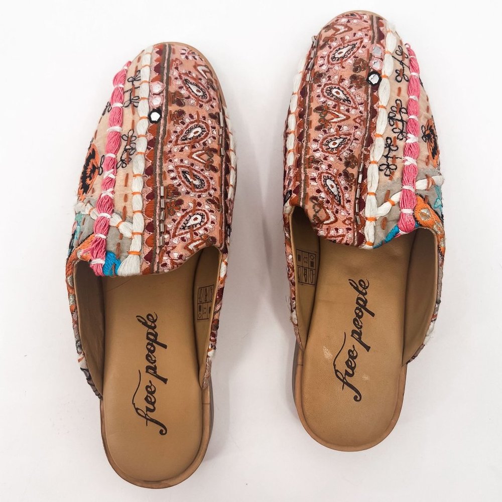 Free People Embroidered Multicolor Slip-On Mules Sz 8